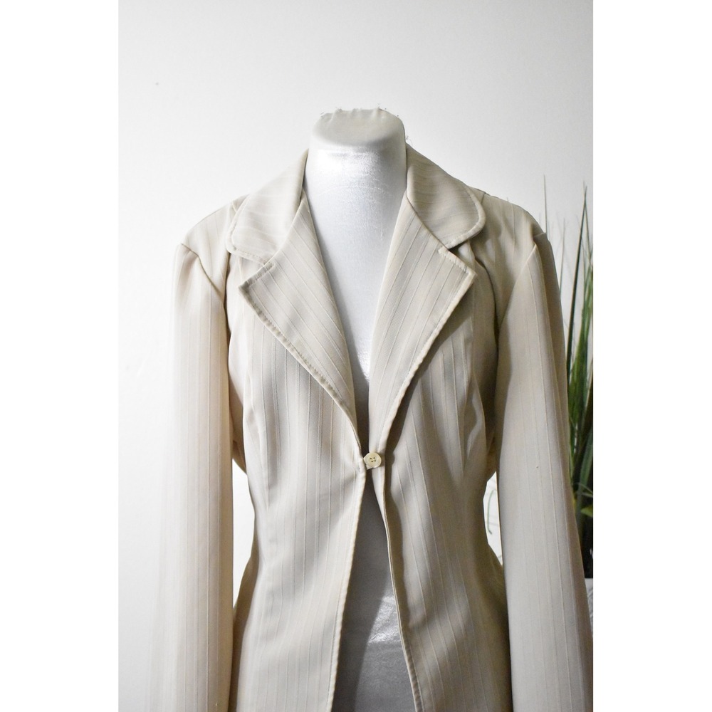 Breakin' Loose Pinstripe Blazer Womens 12 Cream 90s Vintage Tie Back Jacket - Picture 2 of 8